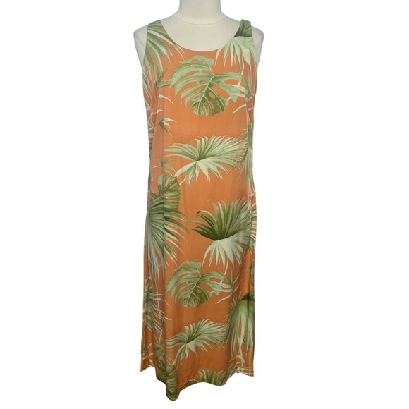 Hilo Hattie Hawaiian Dress Size Medium Orange Green Sleeveless Tropical Leaf - Picture 1 of 7